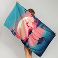 Microfiber beach towel with pink flamingo print and tropical sunset silhouette design - Sunset Flamingo (STMJ02-3)