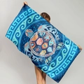 Microfiber beach towel featuring blue sea turtle and mandala pattern on female model - Painted Turtle Mandala (STMJ01-10)