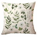 Federa quadrata con foglie verdi ad acquerello e fiori bianchi su tessuto color crema - 45*45cm Monofacciale Senza Nucleo / Stile Pianta Acquerello Beige(CDR341-3)
