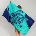 Microfiber beach towel with large navy sea turtle print and teal artistic background - Cyan Contrast Tribal Turtle (STMJ01-12)