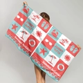 Microfiber beach towel with colorful summer holiday icons and red blue check patterns - Sunny Day Ocean (STMJ02-7)