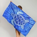 Microfiber beach towel with sea turtle pattern in deep blue and white finish - Dark Blue Diffused Lines White Turtle (STMJ01-14)