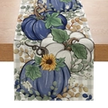 Detailed view of linen table runner with fall pumpkin sunflower patterns on a wooden table - 33*183cm / Grey Plaid Sunflower Pumpkin Style (ZQT59-18)
