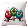 Close-up of three colorful cartoon birds on a branch printed on a white pillowcase - Polyester Single Sided Without Pillow Core / Tdld91-19