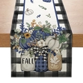 Autumn table runner featuring blue and white pumpkins with sunflowers and fall text - 33*183cm