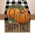 Detail of fall table runner featuring buffalo plaid, pumpkins and Happy Fall text - 33*183cm / Happy Fall Buffalo Plaid Style (ZQT59-13)