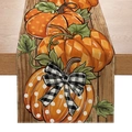 Close-up of autumn pumpkin table runner with buffalo check bow on wood background - 33*183cm / Dot Rhombus Pumpkin Style (ZQT59-5)