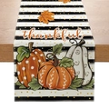 Macro view of thankful pumpkin table runner fabric texture and detailed maple leaf prints - 33*183cm / Thankful B&W Stripe Pumpkin Style (ZQT59-6)
