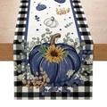 Detailed weave of autumn table runner with blue pumpkin, sunflower and plaid borders - 33*183cm