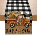 Detail of fall table runner featuring buffalo plaid and pumpkin truck with Happy Fall text - 33*183cm