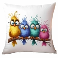 Funny cartoon birds on a branch printed on a white decorative square throw pillow cover - Lively Cartoon Birds (TDLD91-17)
