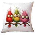 Square cushion cover with colorful cartoon birds on a branch against white background - Unique Colorful Birds (TDLD91-22)