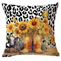 Highland cow and sunflower throw pillow cover with leopard print and yellow rain boots - 18x18 Inch / Cover Only / Sunflower Highland Cow Leopard Style (CDR360-1)