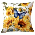 Square pillowcase featuring artistic sunflower and blue butterfly print on white background - 18x18 Inch / Cover Only / Sunflower Blue Butterfly Style (CDR360-2)