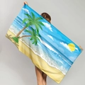Microfiber beach towel featuring a vibrant tropical palm tree landscape print - Tropical Beach Scenery (STMJ02-20)
