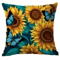 Square cushion cover with vibrant hand-painted sunflower and blue butterflies design - 18x18 Inch / Cover Only / Vintage Teal Sunflower Butterfly Style (CDR360-3)
