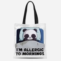 Close-up of cute sleeping panda print on white canvas tote bag with black handle straps - I'm Allergic To Mornings Style (FBDT08-8)