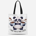 Detail of cute panda illustration with coffee and text print on white canvas tote bag - I May Need This Later Style (FBDT08-7)
