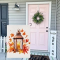 Garden flag featuring vintage lantern and autumn maple leaves on black metal pole - Vintage Lantern Maple Leaf Style (HYQT51-1)