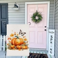 Autumn maple leaf and pumpkin garden flag hanging on a black metal stake - Pumpkin Butterflies and Leaves (HYQT51-3)