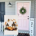 Garden flag with autumn pumpkin and maple leaf design on beige linen fabric background - Lanterns and Golden Pumpkins (HYQT51-4)