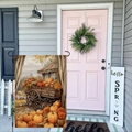 Autumn garden flag with harvest pumpkins on a vintage wooden cart and black metal stand - Vintage Pumpkin Cart (HYQT51-9)