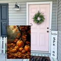 Garden flag featuring autumn pumpkins and maple leaves with a black metal holder stand - Autumn Forest Pumpkins and Maple Leaves (HYQT51-10)