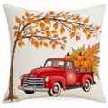Herfst kussensloop met vintage rode vrachtwagen en oranje pompoenen motief - 45x45cm Linnen Enkelzijdig Zonder Kern / Rode Truck