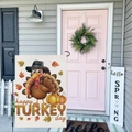 Thanksgiving garden flag with cartoon turkey and pumpkin hanging on a black metal stand - Pilgrim Hat Cartoon Turkey Style (HYQT51-12)