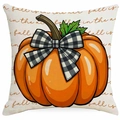 Linen throw pillow cover with orange pumpkin, bow, and 'fall is in the air' text - 45x45cm Single Sided Printing / Pumpkin Puzzle (DYM364-1)