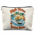 Close-up of canvas storage bag featuring vintage surfer graphics and High Tides slogan - High Tides Good Vibes (TSND20-14) / 21.5*15cm High Density Linen