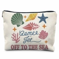 Detailed view of canvas zipper pouch featuring sea shells and off to the sea print - Marine Shell Pattern (TSND20-2) / 21.5*15cm High Density Linen