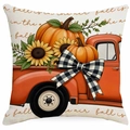 Autumn harvest pillow cover with red vintage truck, sunflowers, and pumpkins - 45x45cm Single Sided Printing / Vintage Truck (DYM364-4)