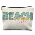 Canvas makeup bag featuring ocean themed BEACH life cartoon print and durable zipper closure - Beach Life Pattern (TSND20-17) / 21.5*15cm High Density Linen
