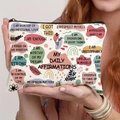 Detail of the zipper pouch showing floral patterns and positive affirmation quotes - Daily Affirmations Theme (THZB14-2)