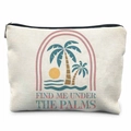 Canvas storage bag with vintage beach palm tree print and black zipper closure - Under the Palms (TSND20-20) / 21.5*15cm High Density Linen
