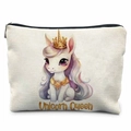 Détail du tissu en toile et du texte doré Unicorn Queen sur la trousse de rangement - Style Reine Licorne(THZB17-12) / 21.5x15cm / Blanc Cassé