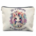 Détail du sac de rangement en toile licorne avec fermeture éclair et texture de tissu robuste - Style Sois une Licorne(THZB17-9) / 21.5x15cm / Blanc Cassé