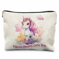 Vue détaillée de la pochette en toile montrant l'imprimé licorne et la fermeture - Style Les Rêves de Licorne Deviennent Réalité(THZB17-7) / 21.5x15cm / Blanc Cassé