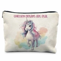Trousse à maquillage en toile avec licorne et fermeture éclair pour étudiant - Style Les Rêves de Licorne sont Réels(THZB17-18) / 21.5x15cm / Blanc Cassé