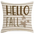 Macro view of linen pumpkin pillowcase with brown HELLO FALL text and maple leaf detail - HELLO FALL Stripes (DYM366-3) / 45x45cm Linen Without Core