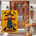 Vertical garden flag with scarecrow and autumn elements on a decorated home porch - Scarecrow in Blue Overalls (HYQ92-6)