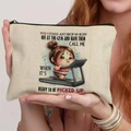Canvas travel makeup bag with funny cartoon girl running quote on beige fabric - 21.5x15cm / Fitness Humour (THZB18-35)