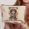 Linen makeup bag with funny quote and meditating girl print for travel storage - 21.5x15cm / Inner Peace Theme (THZB18-34)