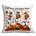 Fodera per cuscino bianca con zucca, foglie di acero e scheletri a tema autunnale - Scheletri Danzanti Lanterna Zucca (CDR352-15) / 45x45cm Stampa su un Lato