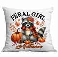 Fodera per cuscino quadrata con stampa di procione, zucca e testo Feral Girl - 45x45cm Stampa su un Lato