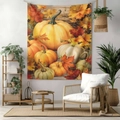 Autumn tapestry featuring pumpkins and maple leaves hanging in a modern living room - 70x100cm Brushed Fabric / Style 4