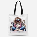 White canvas tote bag with black handles featuring cat illustrations and fur kids quote - Kids Have Fur(TFBD26-31)