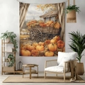 Autumn harvest tapestry featuring pumpkins and sunflowers on a wooden cart for wall decor - 70x100cm Brushed Fabric / Style 15