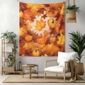 Fall tapestry with pumpkins and maple leaves hanging in a cozy living room setup - 70x100cm Brushed Fabric / Style 16